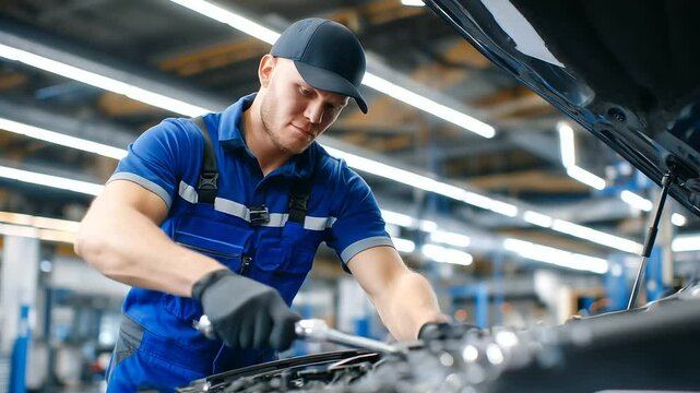 Mechanic tightens bolts on the engine block with a torque wrench, bright fluorescent lights illuminating the well-organized repair station