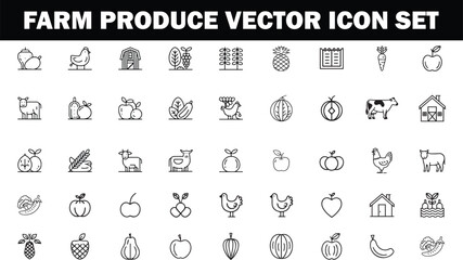 Farm Produce Line Icons  Fruits, Vegetables, Livestock, Harvest, Organic Food Vector Set