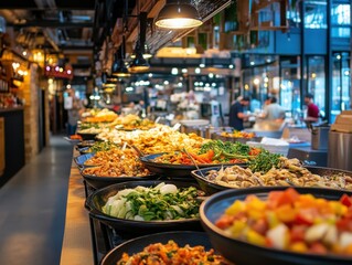 Obraz premium Assorted dishes from various cuisines displayed on shared table in vibrant food hall setting