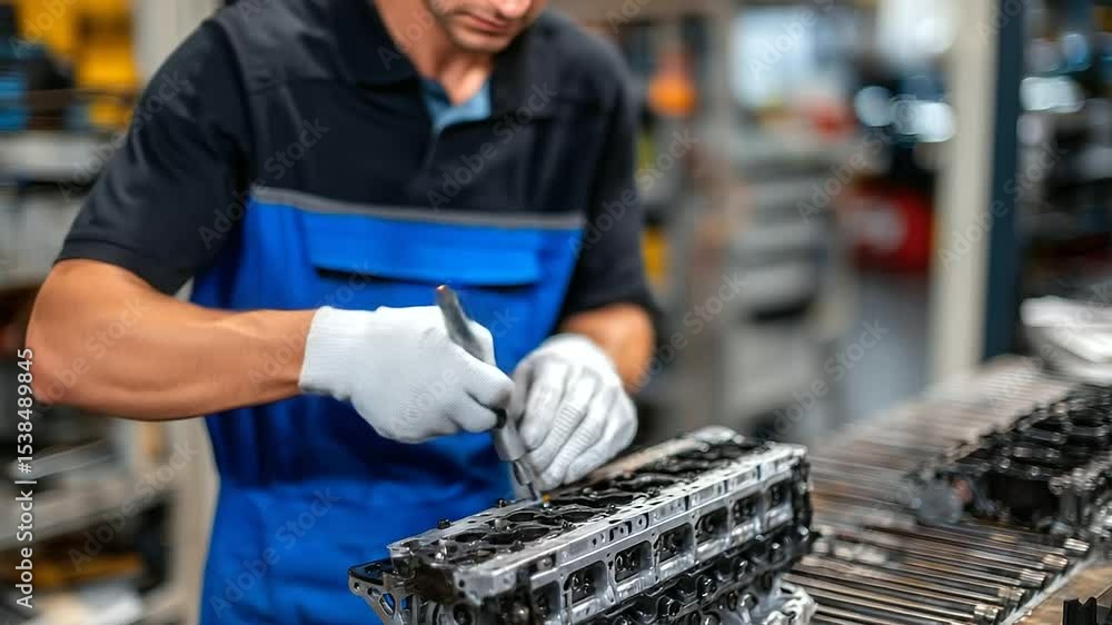 Aufkleber close-up of hands using precision tools to work on a complex car engine part, with engine components