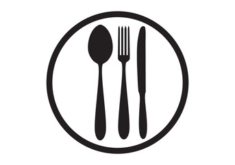 Fork, spoon, knife and plate. Menu symbol. Tableware instruments. Restaurant icon. Food, plate, fork, knife, spoon, cutlery icon set. logo design