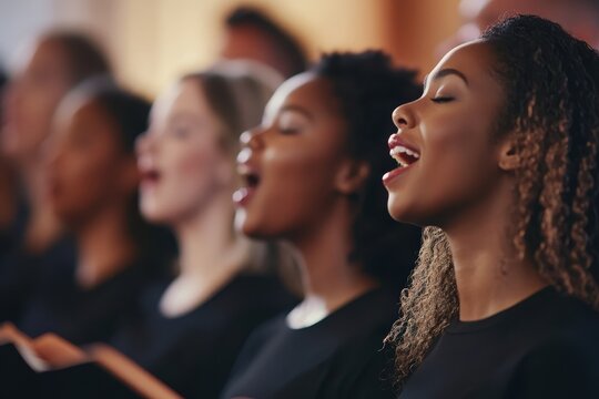 Multiracial choir harmonizes in perfect unity during an evening performance at a local community center