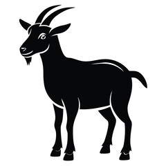 Isolated standing goat with beard and horns rendered in black color over white backdrop