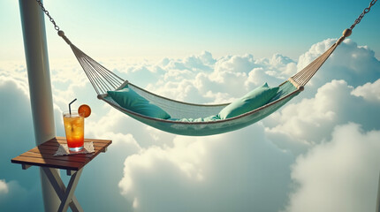 Floating hammock in sky with clouds, serene and tranquil relaxation scene.
