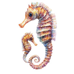 A Mother Seahorse With Her Kid, watercolor vector, isolated on a white background. © AMIDCO