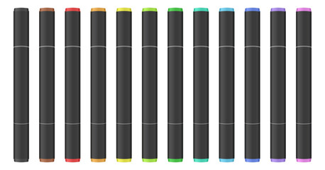 Set of black dual tip markers. Rainbow palette. Coloring or sketching supplies. Water-based or alcohol marker pen.