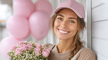 Cheerful Young Woman with Braided Hair Holding Pink Roses and Balloons on White Background