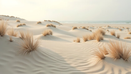 Serene Coastal Sand Dunes with Native Beach Grass Against Ocean Horizon