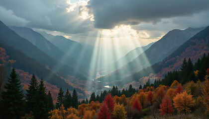 Dramatic Mountain Landscape with Sunbeams in Golden Autumn Colors