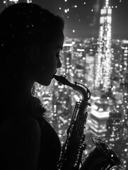 Young Female Saxophonist with Passionate Expression Performing Against Bokeh City Lights