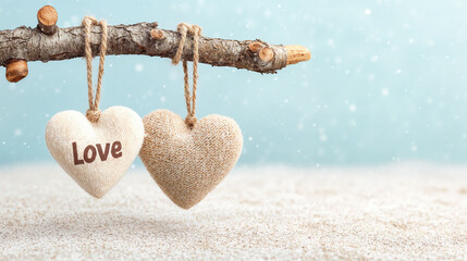 Fabric Hearts Hanging on Driftwood with Love Message on Pale Blue Snowy Background