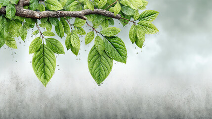 Fresh Green Leaves with Raindrops in Macro Photography on Blurred Background