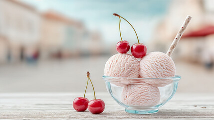 Pale Pink Cherry Ice Cream Scoops in Glass Bowl with Fresh Cherries on Rustic Table