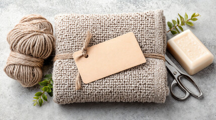 Rustic Spa Gift Set with Natural Towel and Handmade Soap on Textured Gray Surface