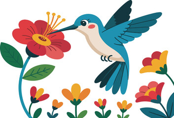 Fototapeta premium Vibrant Hummingbird Feeding On Colorful Flowers Illustration