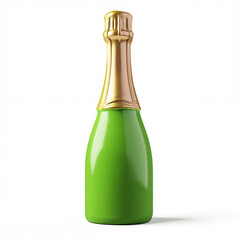 Elegant Green Glass Champagne Bottle with Gold Cap on White Background with Space