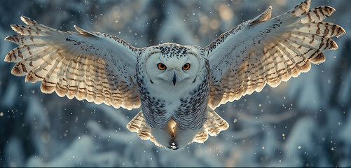 Snowy Owl in Flight with Yellow Eyes Against Snowy Icy Landscape