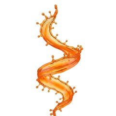 Fototapeta premium A bright splash of orange juice swirls into a dynamic spiral on a white background. Close-up with high-quality textures and drops, evoking freshness and energy.