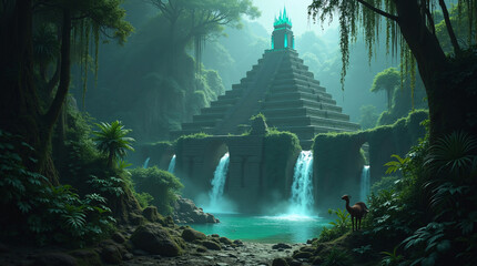 Ancient temple in jungle with waterfall, serene and mystical tropical scene.