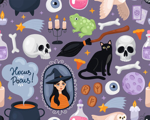 Halloween seamless pattern. Magic halloween cartoon illustration on a dark gray background. Witch, cauldron, broom, skull, black cat, owl, frog, candles, moon. Design for wrapping paper, print.