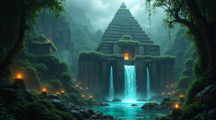 Ancient temple in jungle with waterfall, serene and mystical tropical scene.