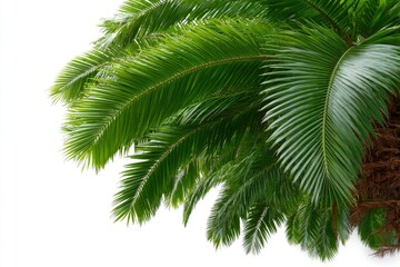 Lush green palm fronds cascade from the right side set against a stark white backdrop