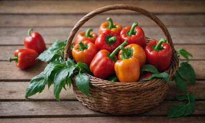 A variety of colorful peppers, including red, green, orange, and yellow. These peppers look fresh with their smooth, shiny skin and distinctive shape.