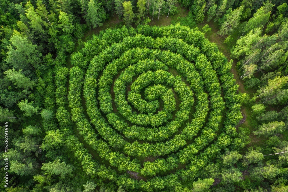 Poster unique aerial view of a spiral maze created by lush green trees and bushes in a forested area showca
