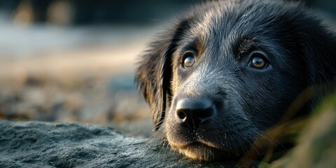 Close-up of a black puppy resting peacefully by the water during golden hour at the beach