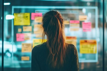 Girl viewing kanban board with colorful sticky notes, planning a project in the late evening for an efficient project management workflow