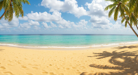 Tranquil Beach Scene with Lounge Chairs and Palm Trees on Golden Sand and Turquoise Ocean with Space