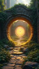A glowing portal in a forest, creating a mystical and enchanting scene.