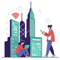 Illustration of people using devices with city buildings and wifi symbol in the background design concept