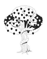 Tree of knowledge with serpent and apples 2D line bible character. Temptation forbidden fruit. Garden Eden appletree with coiled snake isolated vector ink outline. Monochromatic spot illustration