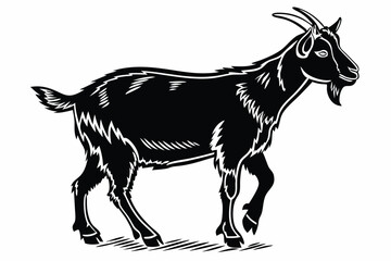 Illustration shows a black goat with horns and beard standing in side profile view