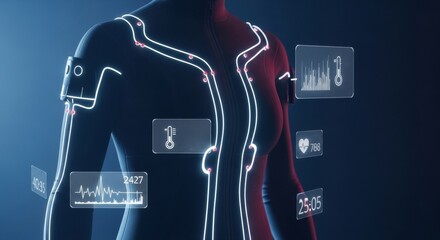 Futuristic smart clothing with integrated biometric sensors displaying real-time health data, including heart rate, body temperature, and activity levels, visualized in glowing HUD elements.