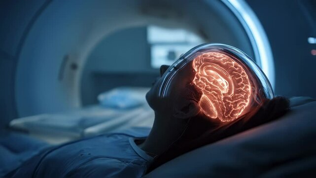 Medical visualization shows a patient lying in an mri machine. Their head encased in a transparent helmet. With a glowing. Orange. Three dimensional model of their brain superimposed over their head
