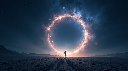 Glowing cosmic portal in night sky, surreal and mystical space adventure.