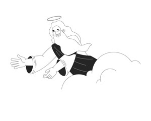 God reaching from clouds 2D line bible character. Heavenly presence. Spiritual being. Divine figure with halo and flowing robes isolated vector ink outline person. Monochromatic spot illustration