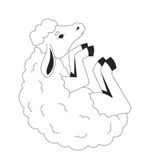 Cute lamb lying on side 2D line character. Fluffy sheep. Soft wool livestock domesticated. Adorable farm animal. Gentle creature isolated vector ink outline animal. Monochromatic spot illustration