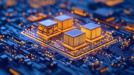 Advanced Microchips on Circuit Board with Golden Lights
