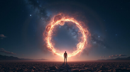Glowing cosmic portal in night sky, surreal and mystical space adventure.