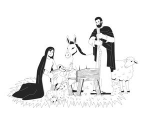 Nativity with baby Jesus and family 2D line bible characters. Divine newborn in manger, surrounded by Mary, Joseph, donkey, lambs isolated vector ink outline people. Monochromatic spot illustration