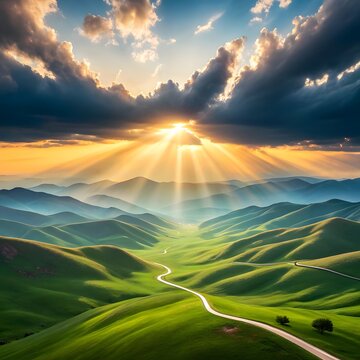 Serene landscape featuring sun rays breaking through clouds over green hills in rolling countryside