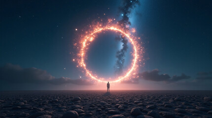 Glowing cosmic portal in night sky, surreal and mystical space adventure.