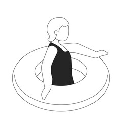 Blonde girl with swim ring 2D line character. Beach child inflatable tube. Young woman in swimsuit swimming pool float isolated vector ink outline person faceless. Monochromatic spot illustration