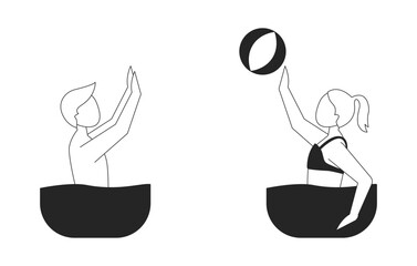 Kids playing with beach ball in pool water 2D line characters. Summer fun children. Blonde boy and girl summertime joy isolated vector ink outline people faceless. Monochromatic spot illustration