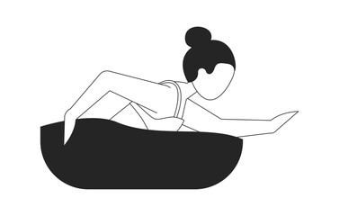 Girl swimming front crawl in water pool 2D line character. Swimwear young woman hair bun in freestyle stroke isolated vector ink outline person faceless. Monochromatic spot illustration