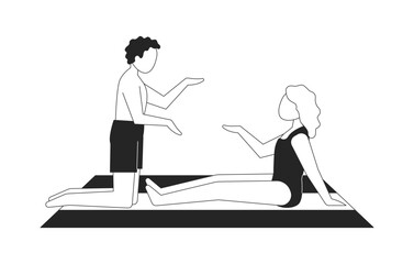 Couple talking on beach towel 2D line characters. Swimwear friends sitting and kneeling, gesturing in conversation isolated vector ink outline people faceless. Monochromatic spot illustration