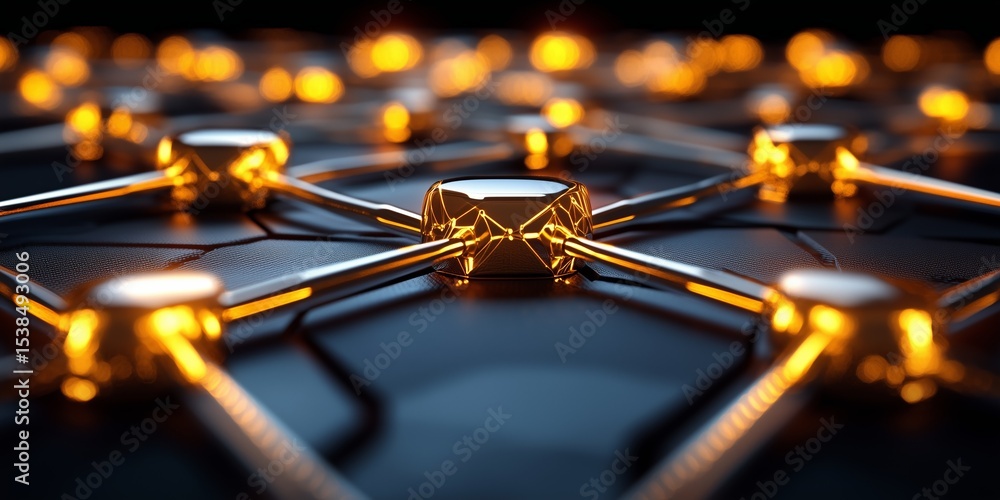 Poster network of interconnected golden nodes transferring data on a futuristic circuit board